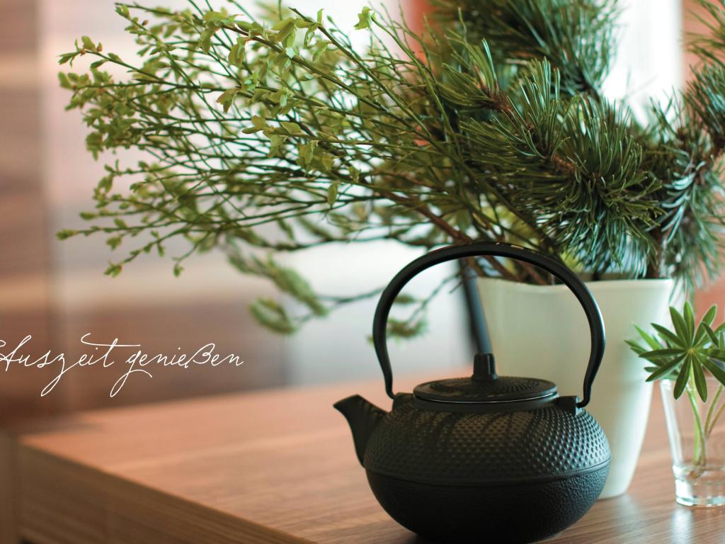 Teekanne auf Tisch mit grünen Pflanzen